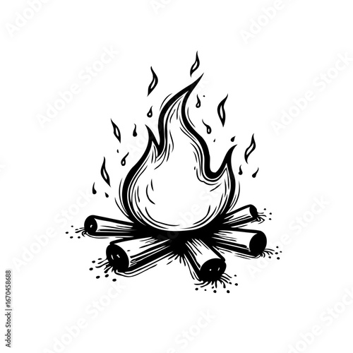 Stylized campfire illustration featuring flickering flames above stacked logs creates a rustic and