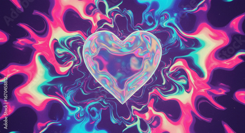 Hypnotic iridescent heart pulses with vibrant psychedelic liquid energy, evoking surreal emotion and abstract love.