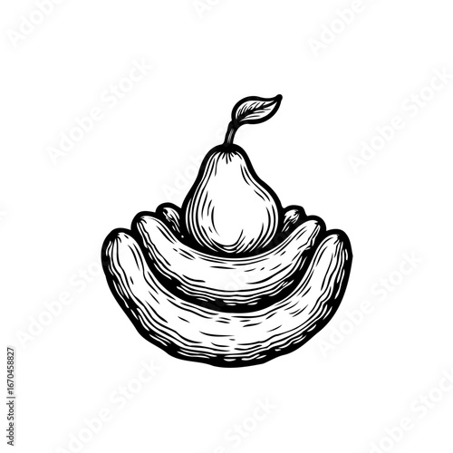 Stylized drawing of pear nestled on pile of bananas creating balanced still life composition
