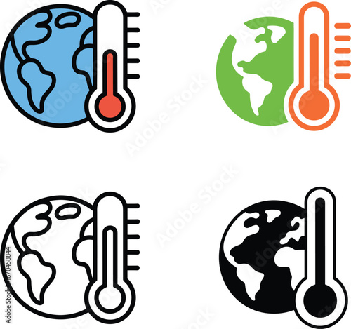 Global warming thermometer earth icons color and outline
