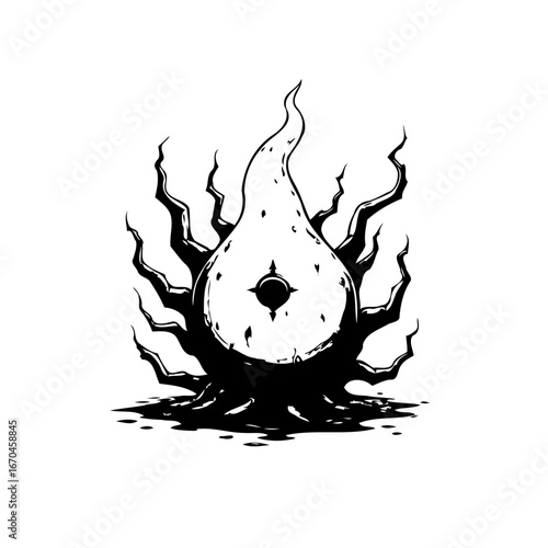Stylized enigmatic graphic element with dark tendrils and a central focal point expressing