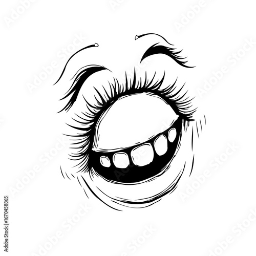 Stylized expression of jovial ecstasy showcasing exaggerated lashes and a wide toothy grin