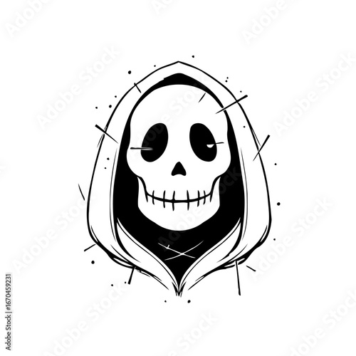 Stylized skull figure with hooded cloak symbolizing mystery death and the unknown in monochromatic