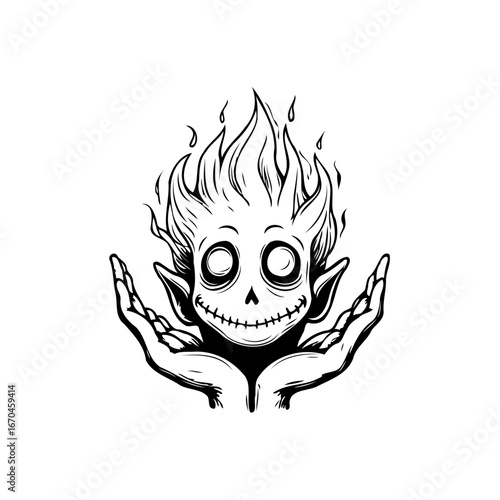 Surreal sketch depicting a whimsical fiery-haired creature cradled tenderly in human hands