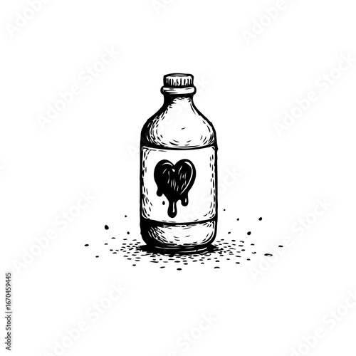 Symbolic potion in a bottle with heart liquid representing intense emotions and sentimental elixir
