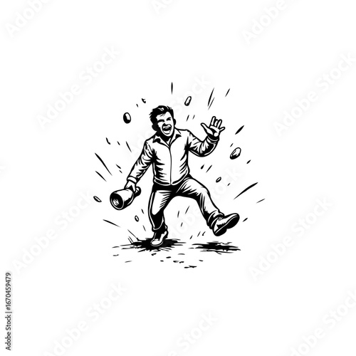 Tipsy night out monochrome drawing of a man losing his balance while holding a drink and flailing