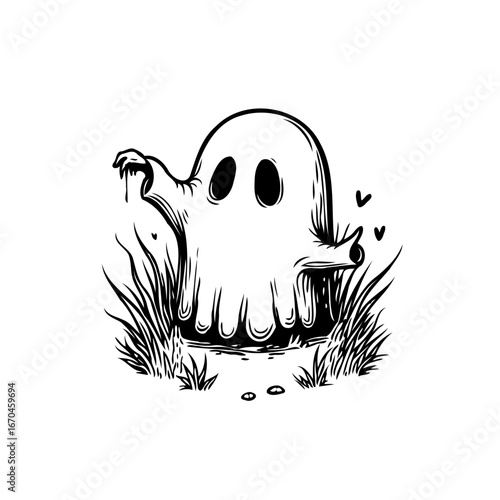 Whimsical apparition amidst the grass, a charming spectral in nature's embrace, rendered with