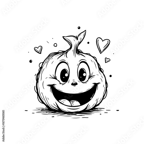 Whimsical cartoon character with joyful expression amidst a flurry of endearing heart shapes and
