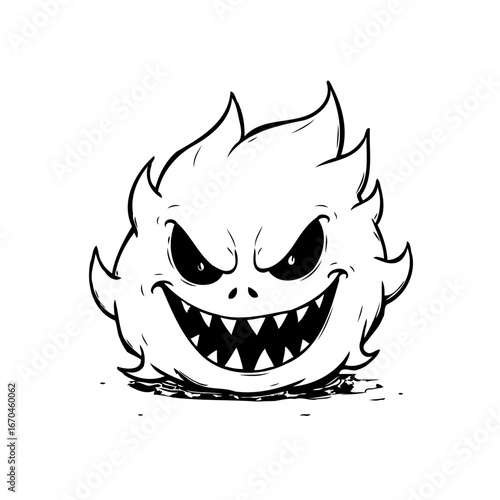 Whimsical cartoon monster with spiky hair displaying an expressive grin in a line art illustration