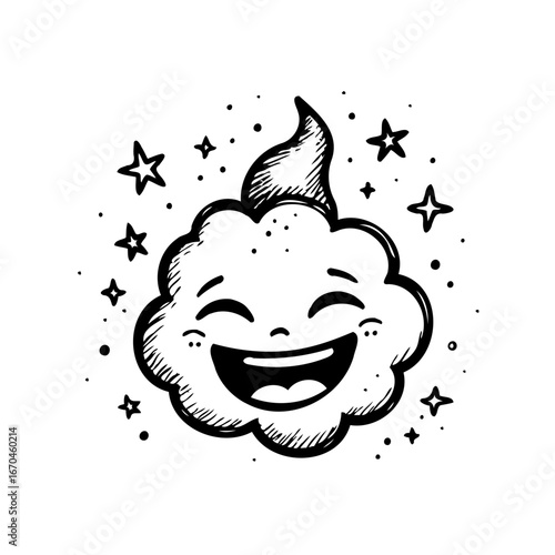 Whimsical cloud character with cheerful expression amidst twinkling stars brings lighthearted
