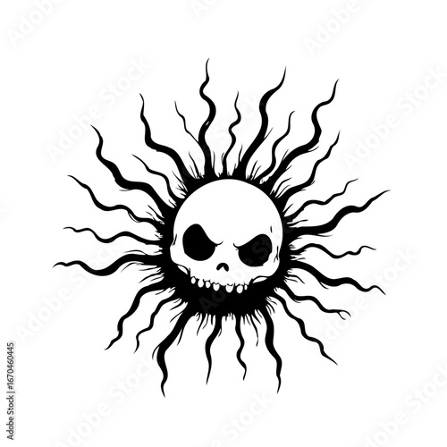 Whimsical dark sun face with swirling rays evokes surrealism and macabre themes with gothic