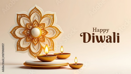 Happy Diwali Greeting with Traditional Oil Lamps and Mandala Design – Festive Indian Background
