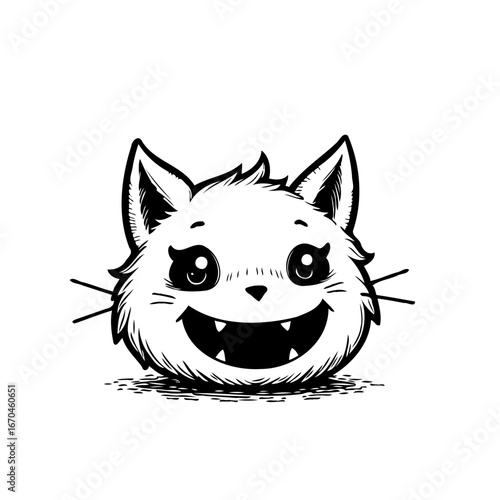 Whimsical feline portrait radiating mirth with cartoonish aesthetic and simple shading evokes