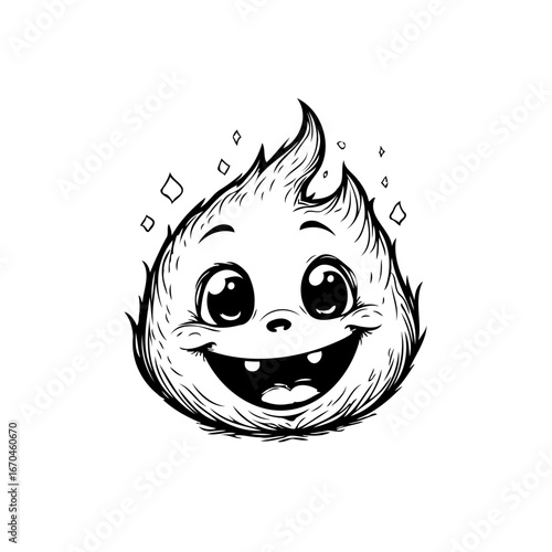 Whimsical flame character illustration with an expressive face and quirky geometric details for