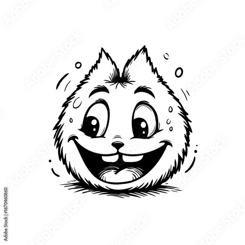 Whimsical grinning fuzzy character drawing exudes joyful emotion and delightful charm inspiring