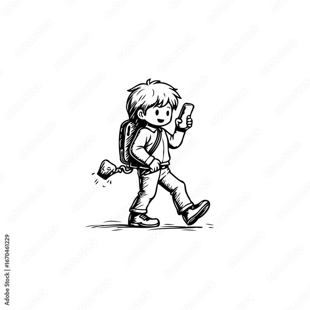Fototapeta premium Whimsical illustration of a cheerful young boy engrossed in his smartphone while walking forward
