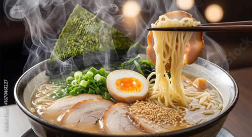 A bowl of steaming ramen noodles presented with a tantalizing assortment of toppings and the use of chopsticks to elevate the noodles for an immersive gastronomic visualization
