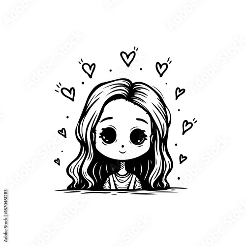 Whimsical illustration of a girl surrounded by hearts expressing love affection connection