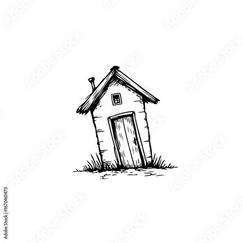 Whimsical leaning shack a hand drawn illustration depicting a quirky rural structure in black and