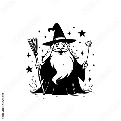 Whimsical monochrome wizard illustration conjuring spells with botanical wand and trusty broom