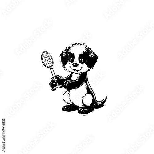 Whimsical puppy illustration eagerly anticipates a tennis match with racket in hand ready for