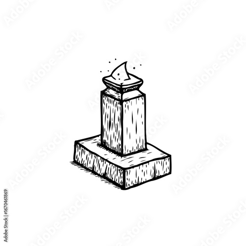 Whimsical sketched monument with abstract flame illustration evoking minimalistic charm and