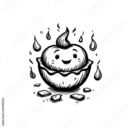 Whimsical sprouting seed with cheerful face inside a protective cup with whimsical water droplets