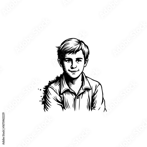 Youngster portrait illustration showcases innocence and simple charm in monochromatic style with