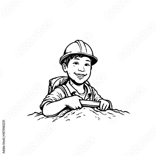 Young explorer in hardhat enjoying outdoor adventure on sandy terrain ready for discovery and