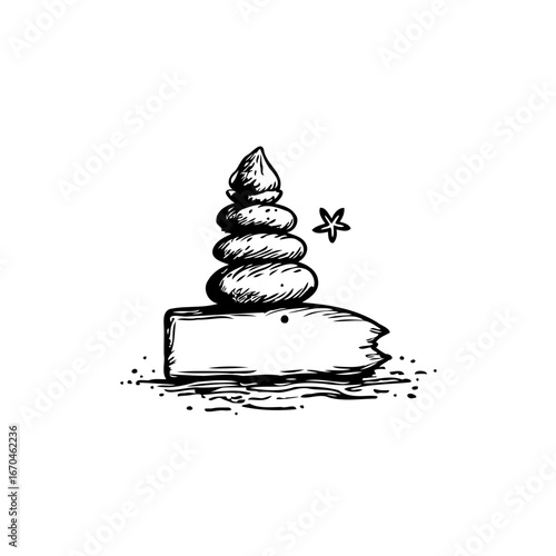 Zen balanced stones illustration with a star creating a simple sketch for tranquility and