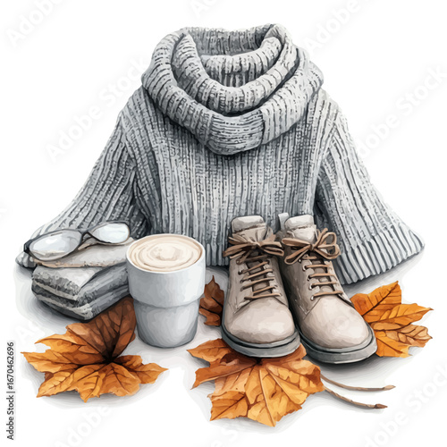 Sweater Weather Outdoor Scene, watercolor illustration vector, isolated on a white background.