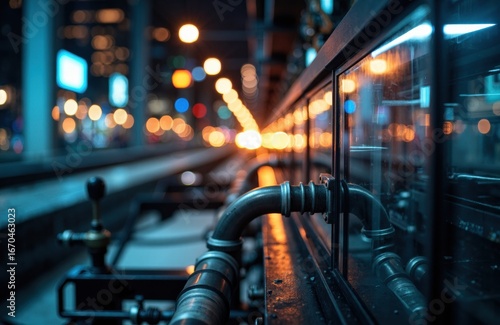 Wallpaper Mural City street at night with illuminated lights reflecting on a glass surface and visible pipes on the side Torontodigital.ca