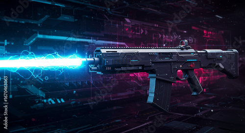 Futuristic laser rifle fires powerful energy blast against dark sci-fi background