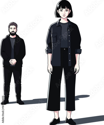 Young woman and man standing apart in minimalist style with black clothing and shadows vector illustration 