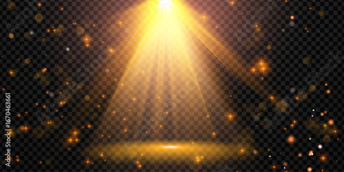 Gold spotlight background with yellow ray effects and golden glow beams. Abstract burst or glitter flare for stage designs. Transparent halo projection or award show gleam for event backdrops.