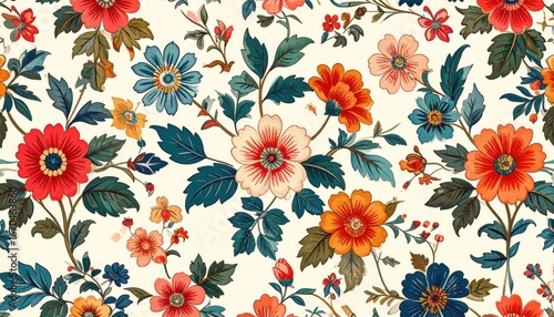 Vintage Botanical Tapestry with Red Orange and Teal Flowers.