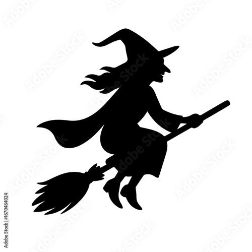 Silhouette of a witch flying on a broomstick against a white background, Halloween theme