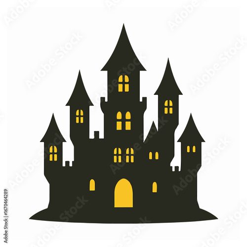 A classic haunted castle silhouette with glowing windows, evoking mystery and spooky Halloween vibes