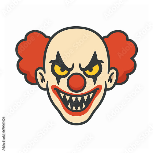 Eerily menacing clown illustration with red hair, sharp teeth, and piercing yellow eyes