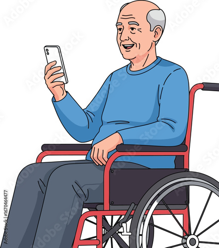 Elderly man sitting in wheelchair using smartphone digital communication and technology vector illustration 