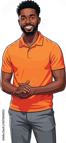 Smiling young man in orange polo shirt standing with folded hands casual pose vector illustration 