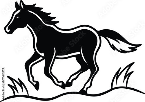 Black silhouette of a running horse in a field with grass gallop
