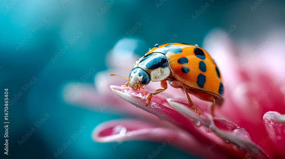 Fototapeta premium Vibrant ladybug resting on a flower petal with water droplets and colorful bokeh