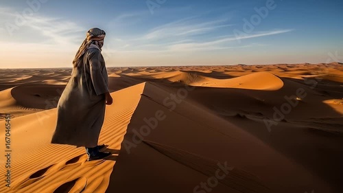 Figure in traditional garb on a vast desert landscape, endless sand dunes, serene vista