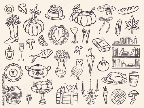 Cute autumn illustration set with hand-drawn icons: pie, acorns, books, mushrooms, and fall leaves. Cozy doodles perfect for stickers, invitations, or harvest themed decor.