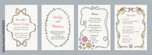 Set of spring whimsical hand-drawn pink blue orange green color frames with flowers and bows in trendy, vintage styles. Perfect for quirky holiday, wedding, birthday gift decorations