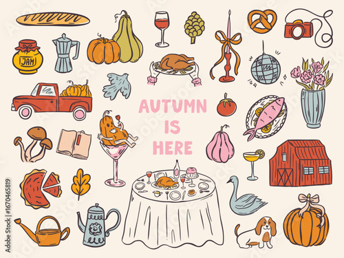 Cute autumn illustration set with hand-drawn icons: pie, acorns, books, mushrooms, and fall leaves. Cozy doodles perfect for stickers, invitations, or harvest themed decor.