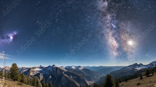 Mountainous panorama landscape under starry sky with milky way and a celestial body