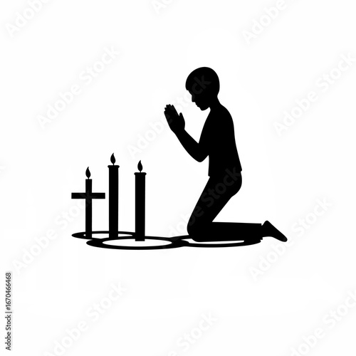Silhouette of teen kneeling to pray at night with candlelight isolated on white background