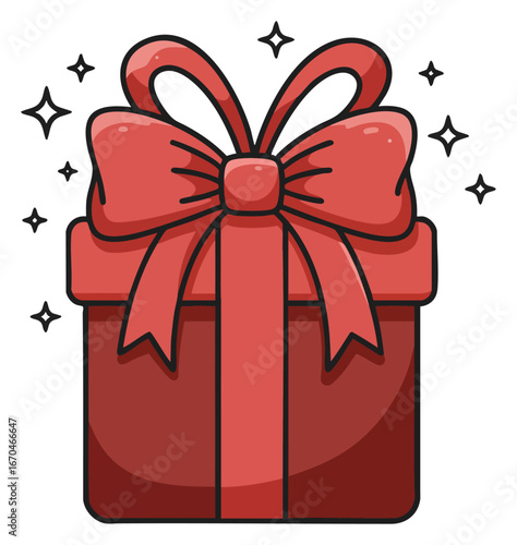 Festive red gift box with a sparkling bow in clean vector style